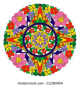 Geometrical Vector pattern with colorful flowers, round