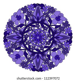 Geometrical Vector pattern with colorful flowers, round in blue colors