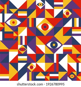 Geometrical vector pattern with eyes, rectangles, triangles in abstract style for textile, background, decoration