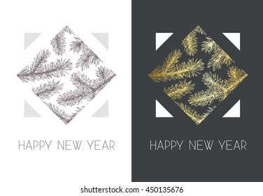 Geometrical vector postcard, greeting card with hand drawn spruce branches, words "Happy New Year"