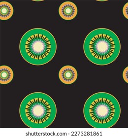 Geometrical vector seamless pattern. Fruit pattern with kiwi. Green seamless pattern. Black background.