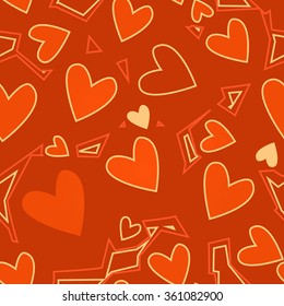 Geometrical vector seamless pattern. Shimmering large and small hearts on a bright red background. Limitless texture for Valentine's Day, Web, printing, wrapping paper, textiles, fabrics, home decor.