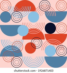 Geometrical vector seamless pattern in vintage style with blue and red semicircles, silhouettes, and lines. Good print for wrapping paper, packaging design, wallpaper, ceramic tiles, and textile. 