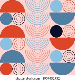 Vector geométrico sin soldadura en estilo vintage con semicírculos azules y rojos, siluetas y líneas. Buena impresión de papel de embalaje, papel pintado, azulejos de cerámica y textiles. 