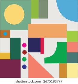 Design geométrico colorido vibrante com formas arrojadas e padrões impressionantes, combinando tons vívidos em um estilo moderno e abstrato que irradia energia, equilíbrio e criatividade.