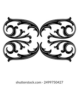 Geometrical vintage floral design or frame with stylized leaves. Medieval or baroque motif. Black and white silhouette.