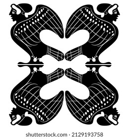 Geometrical vintage pattern with ancient Greek siren or harpy birds with female heads. Fantastic mythological creature. Vase painting style. Black and white negative silhouette.