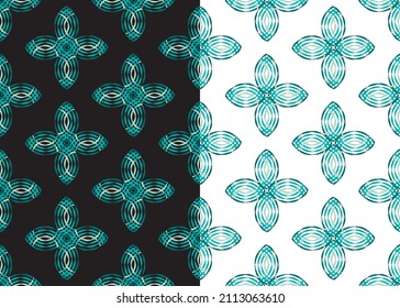 Geometrical volumetric petals seamless pattern. Ornamental futuristic surface layer in blue green tones color. Hand drawn doodle lines. Black or white easy editable color background. Vector