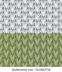 Geometrical volumetric seamless pattern. Ornamental futuristic surface layer in grey tones color. Hand drawn ink brush lines. Green or white easy editable color background. Vector