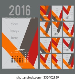 Geometrical Wall Monthly Calendar for 2016 Year. Vector Design Print Template with Place for photo.  A3, A2 or bigger. Week Starts Monday. Portrait Orientation. Set of 12 Months and Cover. 13 pages