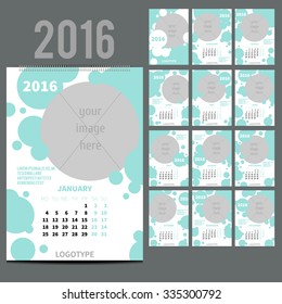 Geometrical Wall Monthly Calendar for 2016 Year. Vector Design Print Template with Place for photo.  A3, A2 or bigger. Week Starts Monday. Set of 12 Months and Cover. 13 pages. Fresh blue color