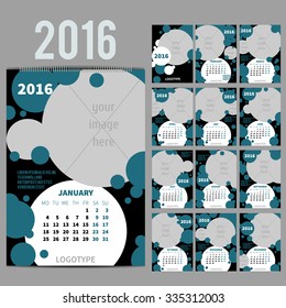 Geometrical Wall Monthly Calendar for 2016 Year. Vector Design Print Template with Place for photo.  A3, A2 or bigger. Week Starts Monday. Portrait Orientation. Set of 12 Months and Cover. 13 pages