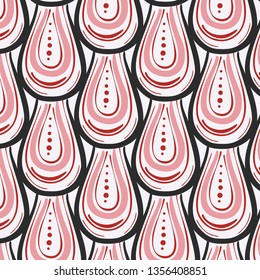 Geometrical wave drops pattern. Abstract tribal ornament in red pink black colors. Pastel lines with dots simple mosaic. Home decor, cloth, fabric texture.