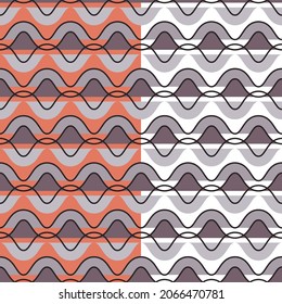 Geometrical wavy seamless pattern, 70-s retro style, horizontal zig-zag stripes, grey lilac color palette. Red or white easy editable color background. Vector