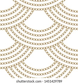 Geometrical wavy seamless pattern with golden chains and rings garland hanging down on a white background. Fan shaped wavy silk textile print, Batik fashion ornament, wallpaper, wrapping paper