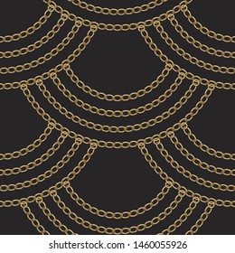 Geometrical wavy seamless pattern with golden chains and rings garland hanging down on a black background. Fan shaped wavy silk textile print, Batik fashion ornament, wallpaper, wrapping paper