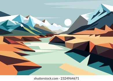 Geometrical winter landscape illustration with mountain and water