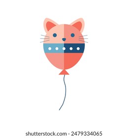 A geometrically designed coral balloon shaped like a cat with ears and a belt, suitable for birthday and holiday themes. Vector icon ideal for print, decoration, poster printing, and home decor.