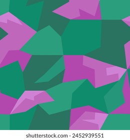Geometrically designed elements in fuchsia and green tones organized in a camouflage vector seamless pattern. Polygon shaped elements surface art texture for printing or use in graphic design.