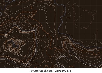 Mapa topográfico de diseño geométrico con líneas de contorno contrastantes y detalles de elevación, adecuado para mapear terrenos montañosos y accidentados