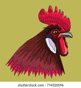 Geometrically ornamental head of a cock. Vector illustration.