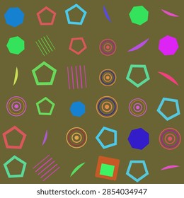 Geometricpattern design features a vibrant array of abstract shapes including pentagons circles and lines arranged seamlessly on a brown background