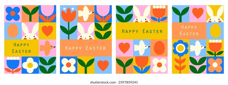 Geometricr spring card set. Happy easter. Abstract flowers, leaf, shape. Vector illustrations