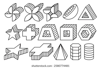 Geometrics shape lines element polygonal trapezoid stars florals petals box block crosses hemisphere tube cylinder prism triangle distort outline brutalism minimalism style geometry stripes object