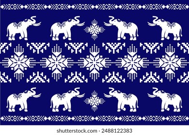 Geometric,seamless, traditional ethnic,thai, fabric pattern for textiles, rugs, wallpaper, clothing, sarong, batik, wrapping, embroidery, print, background, cover, illustration, vector,elephants,blue.