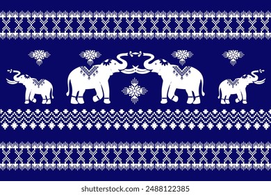 Geometric,seamless, traditional ethnic,thai, fabric pattern for textiles, rugs, wallpaper, clothing, sarong, batik, wrapping, embroidery, print, background, cover, illustration, vector,elephants,blue.