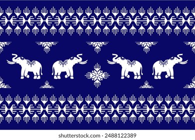 Geometric,seamless, traditional ethnic,thai, fabric pattern for textiles, rugs, wallpaper, clothing, sarong, batik, wrapping, embroidery, print, background, cover, illustration, vector,elephants,blue.