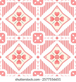 Geometric:This image features a repeating geometric pattern with soft pink, cream, and white tones. The design incorporates diamond shapes, hearts, and floral-inspired motifs arranged symmetrically. 