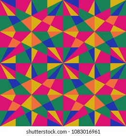 Geometry abstract art. Colorful polygonal shapes. Kaleidoscope vector graphic. Modern flat design. Trance wallpaper, background, poster. Vintage, retro, psychedelic print on textile, fabric, carpet.