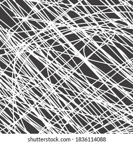 Geometry, abstract background. Drawn white stripes of different sizes in a chaotic direction on a dark brown background. Modern wallpaper.