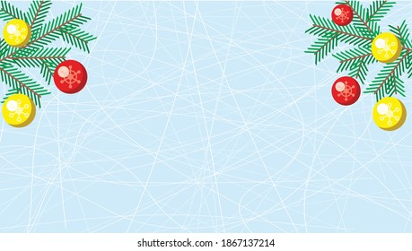 Geometry, abstract background. Fir branches with colorful Christmas balls on ice background. Drawn white stripes in a chaotic direction on a light blue background. Winter wallpaper.