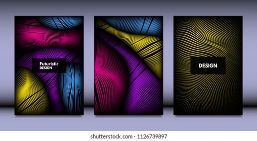 Geometry. Abstract Background Set With Movement and Volume Effect. Covers with Vibrant Gradient and Wavy Lines. Trendy Futuristic Illustration with Distort. Abstract Geometry for Brochure, Business.