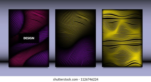 Geometry. Abstract Background Set With Movement and Volume Effect. Covers with Vibrant Gradient and Wavy Lines. Trendy Futuristic Illustration with Distort. Abstract Geometry for Brochure, Business.