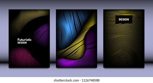 Geometry. Abstract Background Set With Movement and Volume Effect. Covers with Vibrant Gradient and Wavy Lines. Trendy Futuristic Illustration with Distort. Abstract Geometry for Brochure, Business.