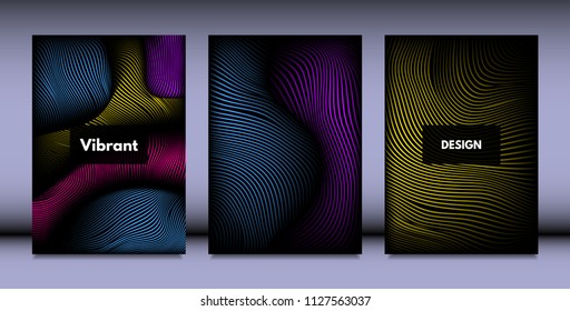Geometry. Abstract Background Set With Movement and Volume Effect. Covers with Vibrant Gradient and Wavy Lines. Trendy Futuristic Illustration with Distort. Abstract Geometry for Brochure, Business.