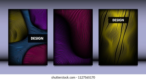 Geometry. Abstract Background Set With Movement and Volume Effect. Covers with Vibrant Gradient and Wavy Lines. Trendy Futuristic Illustration with Distort. Abstract Geometry for Brochure, Business.