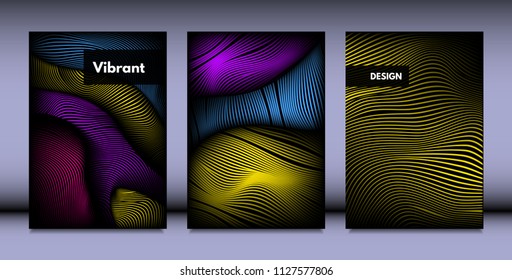 Geometry. Abstract Background Set With Movement and Volume Effect. Covers with Vibrant Gradient and Wavy Lines. Trendy Futuristic Illustration with Distort. Abstract Geometry for Brochure, Business.