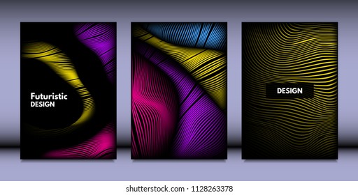 Geometry. Abstract Background Set With Movement and Volume Effect. Covers with Vibrant Gradient and Wavy Lines. Trendy Futuristic Illustration with Distort. Abstract Geometry for Brochure, Business.
