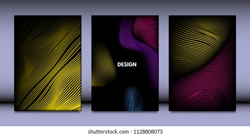 Geometry. Abstract Background Set With Movement and Volume Effect. Covers with Vibrant Gradient and Wavy Lines. Trendy Futuristic Illustration with Distort. Abstract Geometry for Brochure, Business.