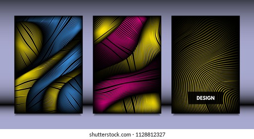 Geometry. Abstract Background Set With Movement and Volume Effect. Covers with Vibrant Gradient and Wavy Lines. Trendy Futuristic Illustration with Distort. Abstract Geometry for Brochure, Business.