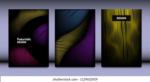 Geometry. Abstract Background Set With Movement and Volume Effect. Covers with Vibrant Gradient and Wavy Lines. Trendy Futuristic Illustration with Distort. Abstract Geometry for Brochure, Business.