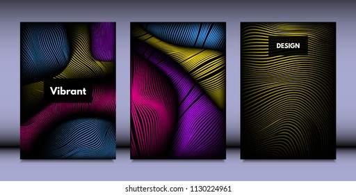Geometry. Abstract Background Set With Movement and Volume Effect. Covers with Vibrant Gradient and Wavy Lines. Trendy Futuristic Illustration with Distort. Abstract Geometry for Brochure, Business.