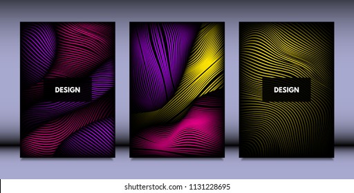 Geometry. Abstract Background Set With Movement and Volume Effect. Covers with Vibrant Gradient and Wavy Lines. Trendy Futuristic Illustration with Distort. Abstract Geometry for Brochure, Business.