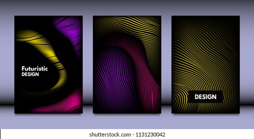 Geometry. Abstract Background Set With Movement and Volume Effect. Covers with Vibrant Gradient and Wavy Lines. Trendy Futuristic Illustration with Distort. Abstract Geometry for Brochure, Business.
