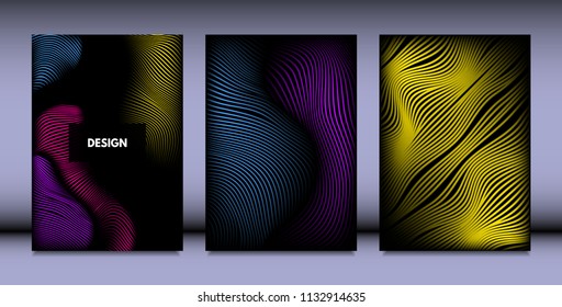 Geometry. Abstract Background Set With Movement and Volume Effect. Covers with Vibrant Gradient and Wavy Lines. Trendy Futuristic Illustration with Distort. Abstract Geometry for Brochure, Business.