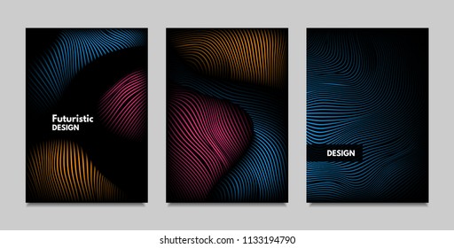 Geometry. Abstract Background Set With Movement and Volume Effect. Covers with Vibrant Gradient and Wavy Lines. Trendy Futuristic Illustration with Distort. Abstract Geometry for Brochure, Business.